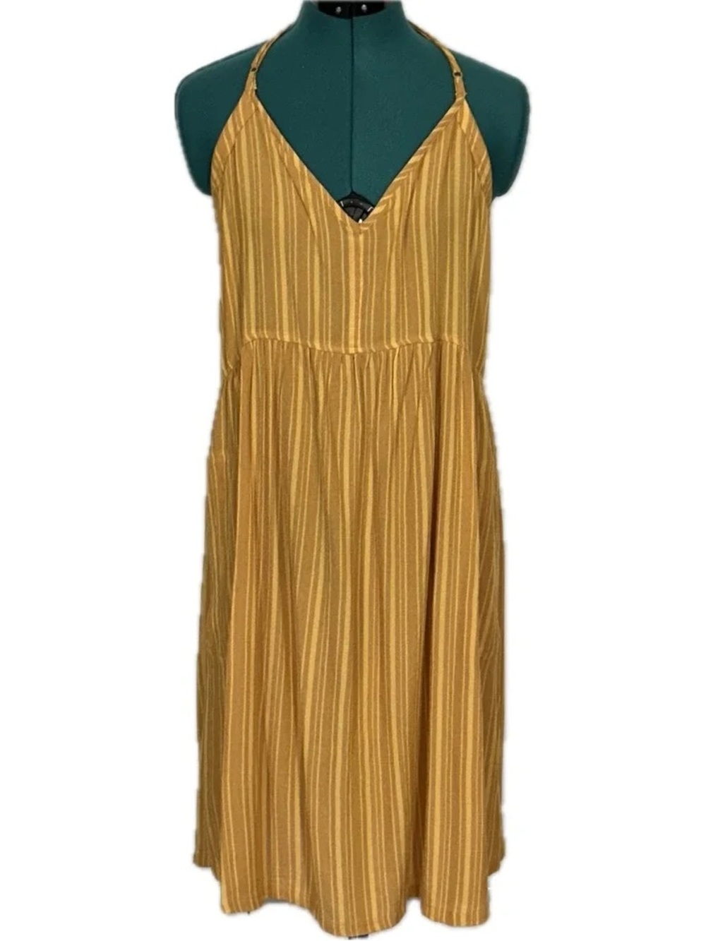 Mustard Yellow Striped V-Neck Sleeveless Midi Dress